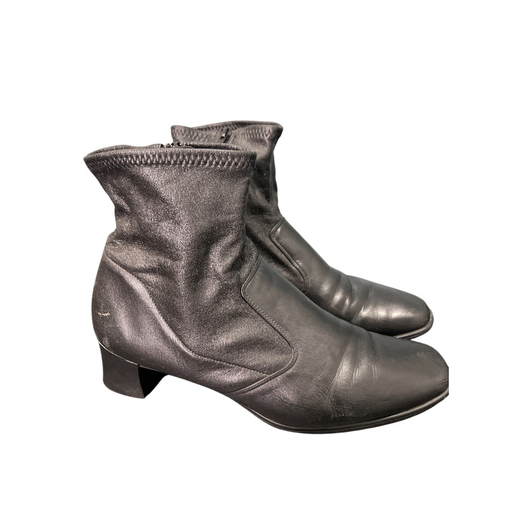 Munro Black Leather Square‎ Toe Ankle Sock Boots Block Heel Womens 9 Goth 90s